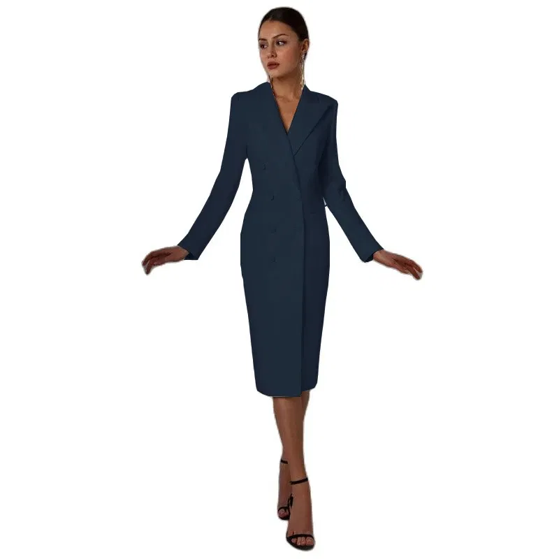 Color: Navy Blue, Size: 4XL - Women's Suit Long Blazer Double Breasted Jacket White Tuxedo Party Point Lapel Clothes спор?‚ивн?‹й кос?‚юм ?¶?µнск
