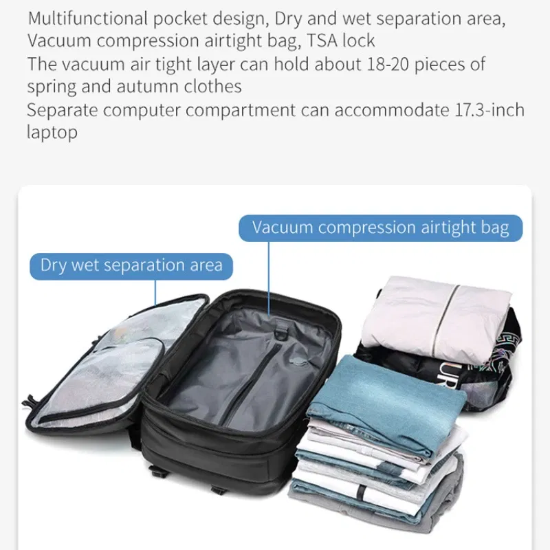 Color: Silver - Airback Vacuum Compression Backpack with Vacuum Pump 60L Expandable Travel Backpack for Men Women Airline Approved Business Bag