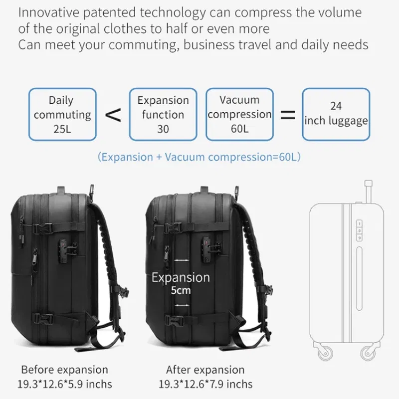 Color: Silver - Airback Vacuum Compression Backpack with Vacuum Pump 60L Expandable Travel Backpack for Men Women Airline Approved Business Bag