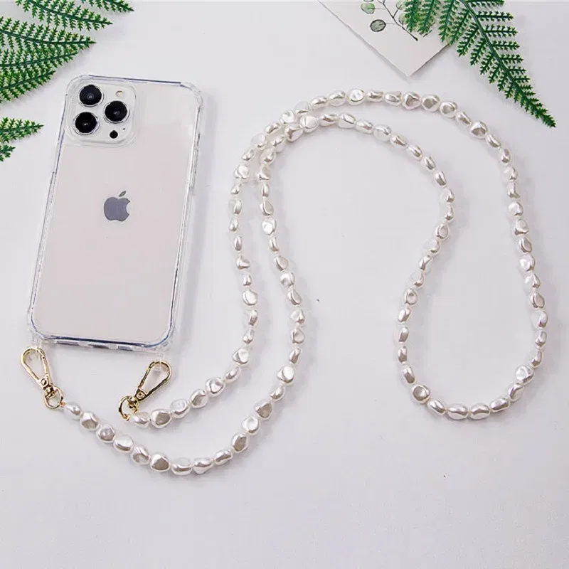 Color: Sky blue, Bundle: Case & Strap, Material: nylon - DIY Luxury Pearl Chain Crossbody Strap Shockproof Acrylic Lanyard Phone Case for iPhone 14 13 12 PRO 15 Pro Max X XS 12 MINI