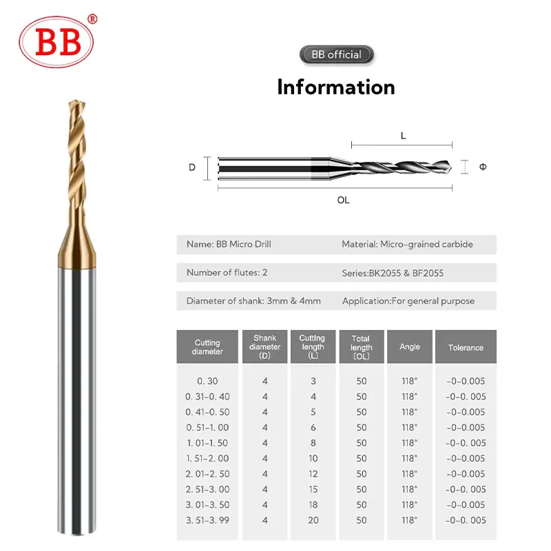 Hole Diameter: 12.2mm - BB 2.03-3.75mm Micro Drill Mini Coated Solid Carbide Bit Metal Iron Steel Hole Drilling 3xD Cutting Length D=4mm CNC Tool 1pcs