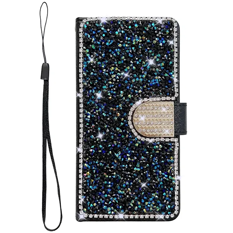 Color: black, Material: Artificial Leather - Glitter Diamond Wallet Leather Case For Samsung Galaxy A14 A15 A16 A35 A55 A34 A54 S25 Ultra S24 FE S23 S22 S21 S20 Plus