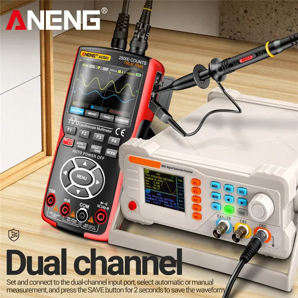 Color: Red - ANENG AOS03 Oscilloscope Multimeter Signal Generator Waveform Output Handheld Battery  LCD Screen Display Multimeter