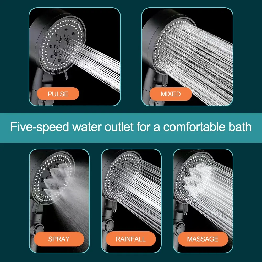 Color: Light green - High Pressure Shower Head 5 Modes Adjustable Showerheads with Hose Water Saving One-Key Stop Spray Nozzle Bathroom Accessories