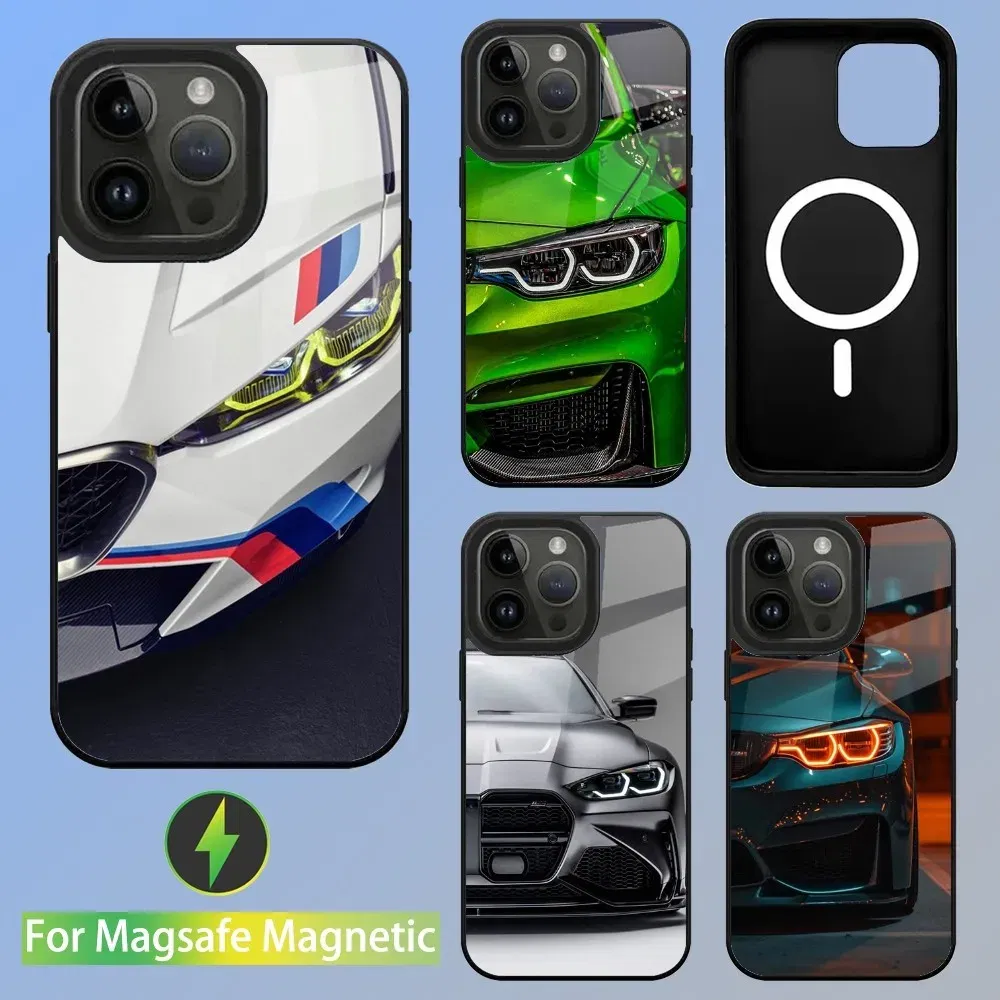 Color: Blue, Material: Genuine leather - Cool Sport Car B-BMW Phone Case For iPhone 16,15,14,13,12,11,Plus,Pro,Max Mini Magsafe Magnetic Wireless Charging