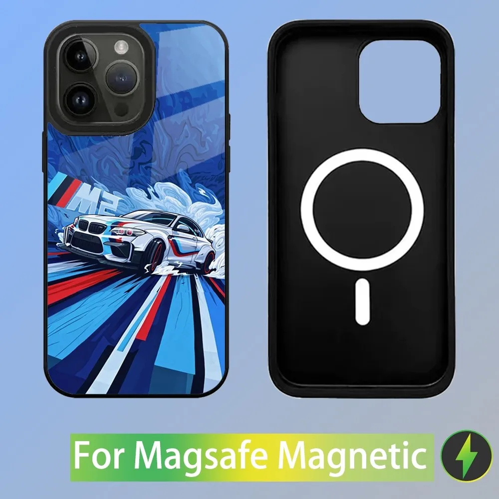 Color: Blue, Material: Genuine leather - Cool Sport Car B-BMW Phone Case For iPhone 16,15,14,13,12,11,Plus,Pro,Max Mini Magsafe Magnetic Wireless Charging