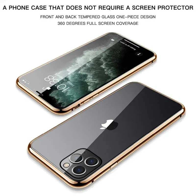 Color: Black, Material: nylon - Magnetic Metal Case For iPhone 15 14 13 12 11 Pro 14Pro Max XS X XR 7 8 14Plus 12 Mini SE 2020 Double Sided Tempered Glass Cover