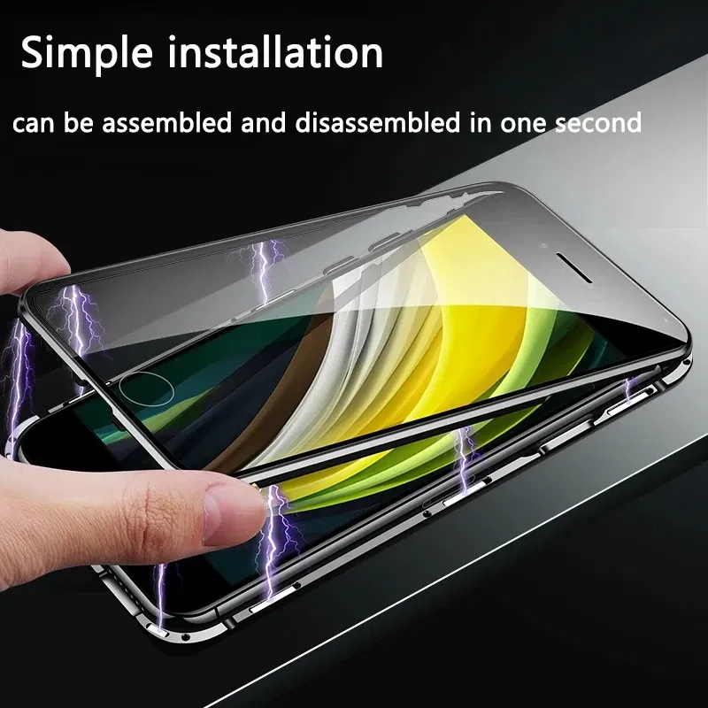 Color: Black, Material: nylon - Magnetic Metal Case For iPhone 15 14 13 12 11 Pro 14Pro Max XS X XR 7 8 14Plus 12 Mini SE 2020 Double Sided Tempered Glass Cover