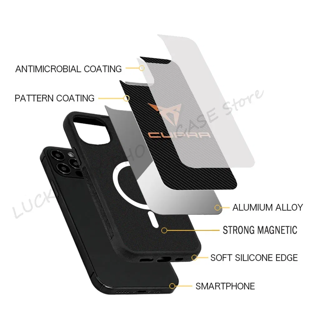 Color: Beige, Material: PU - Cool Phone Case Phone Case Strong Magnetic Cupra Racing for IPhone 15 14 13 Pro Max 11 12 Mini for Magsafe