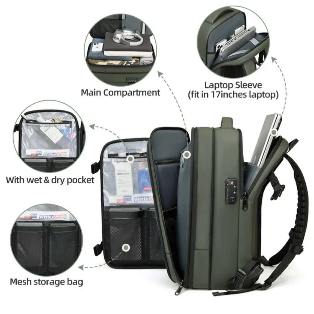Color: black - Vacpack Vacuum Compression Backpack Airback with Pump Men Waterproof Expandable Carry On Travel Backpack 17 inch Laptop Backpack
