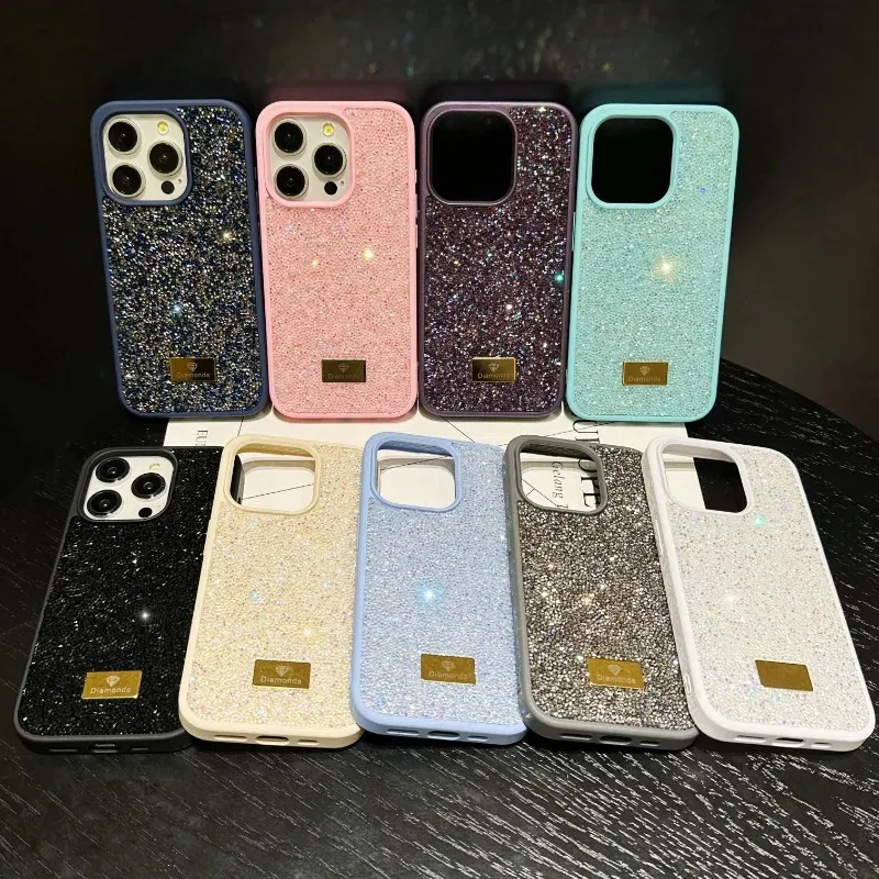 Material: ABS, Color: black - Luxury INS Dazzling Full Covered Zircon Macaroon Color Phone Case for iPhone 16 15 14 11 12 13 Pro Max Plus Back Cover