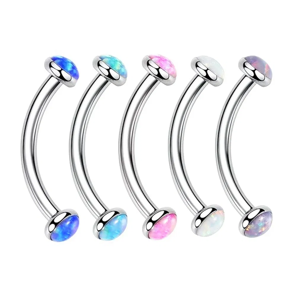Metal color: Blue, Main Stone Color: GRAY - 3/4/5mm Opal Steel Eyebrow Ring Internally Threaded 6mm -14mm Bar Curved Barbell Monroe Lip Stud Ear Tragus Piercing