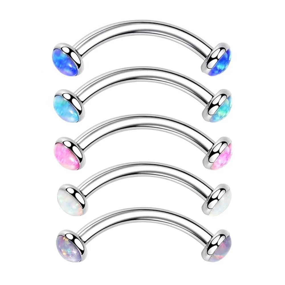 Metal color: Blue, Main Stone Color: GRAY - 3/4/5mm Opal Steel Eyebrow Ring Internally Threaded 6mm -14mm Bar Curved Barbell Monroe Lip Stud Ear Tragus Piercing