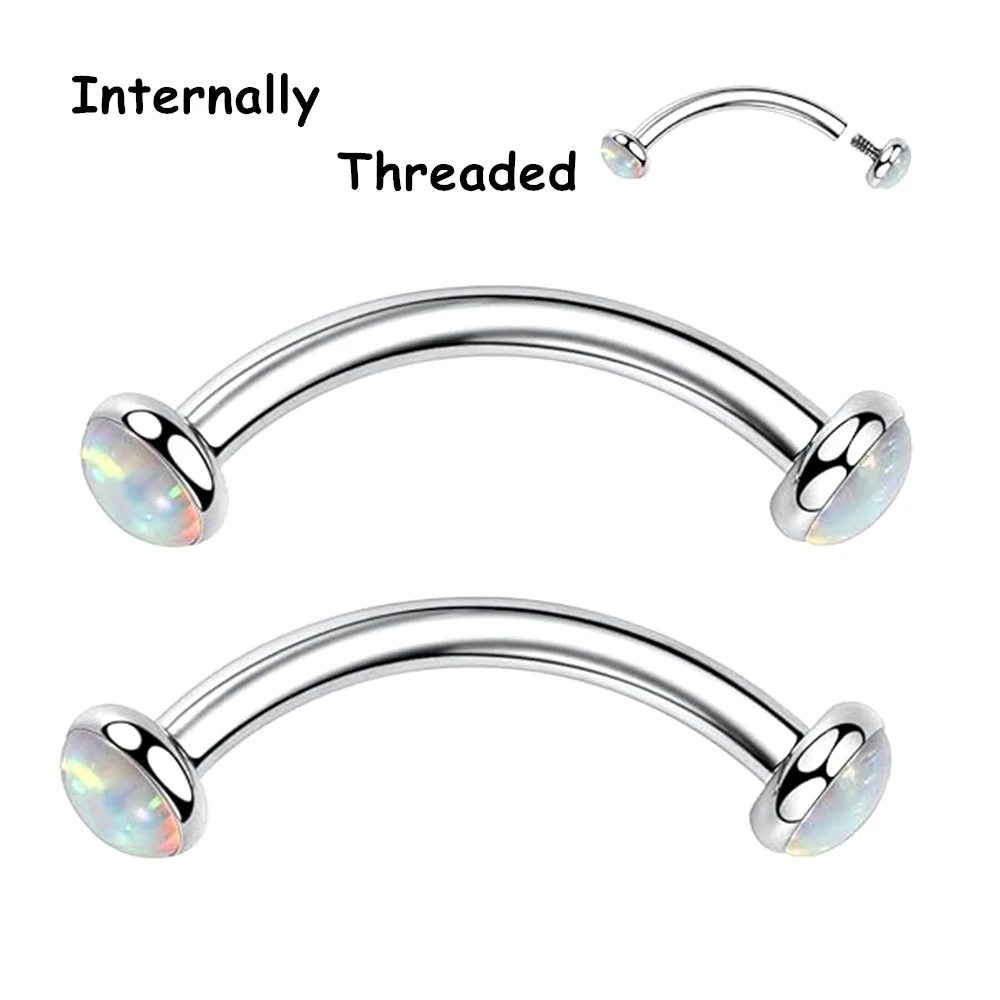 Metal color: Blue, Main Stone Color: GRAY - 3/4/5mm Opal Steel Eyebrow Ring Internally Threaded 6mm -14mm Bar Curved Barbell Monroe Lip Stud Ear Tragus Piercing