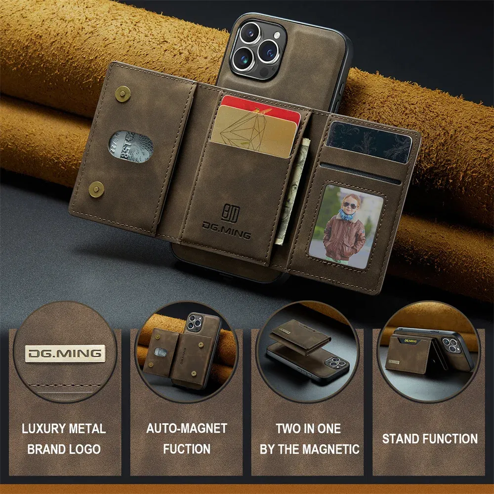 Color: Coffee, Material: Neoprene - 2 In 1 Case For iPhone 16 15 14 13 12 11 Pro Max Plus XS Max XR 8 Plus SE 2022 Wallet Magnetic Leather Card Holder Pocket Cover