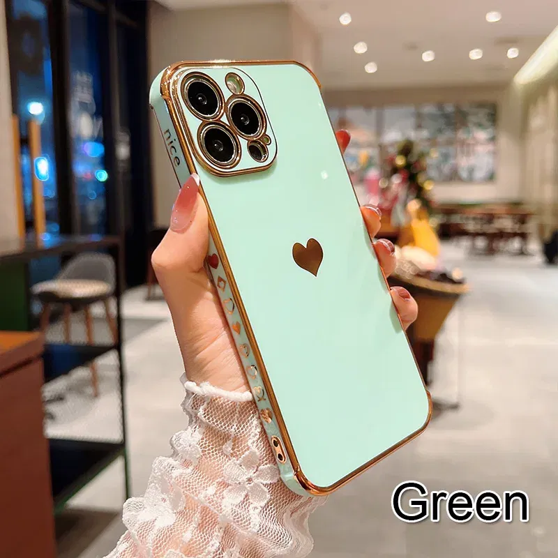 Color: Blue, Compatible-Phone Models: For iPhone 16, Ships From: CN - Electroplating Side Love Heart Phone Case For IPhone 17 16 15 14 13 12 11 Pro Max XR 8 Plus SE2/SE3 Shockproof Back Cover