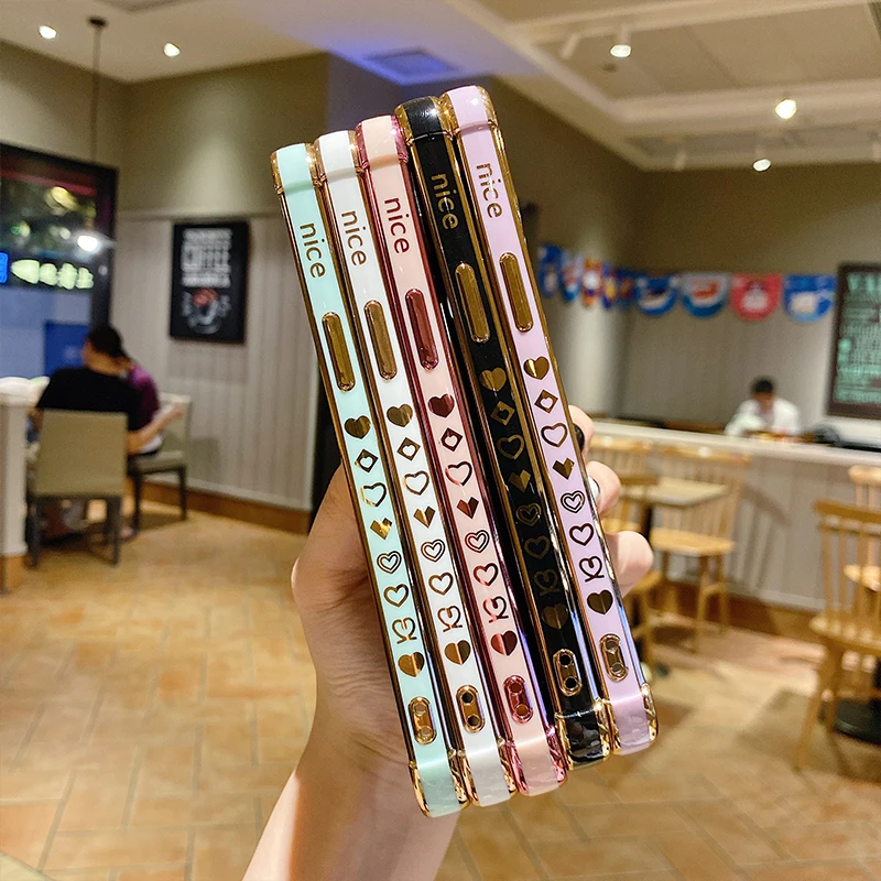 Color: Brown, Ships From: CN, Material: Microfiber - Electroplating Side Love Heart Phone Case For IPhone 16 15 14 13 12 11 Pro Max XR 8 Plus SE2/SE3 Shockproof Back Cover