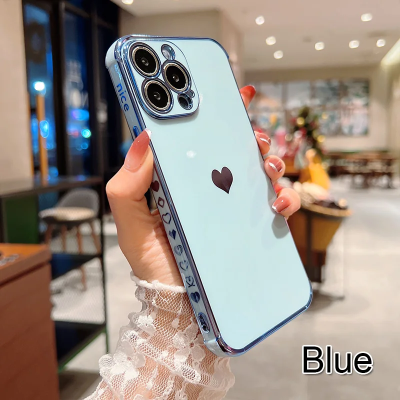 Color: Brown, Ships From: CN, Material: Microfiber - Electroplating Side Love Heart Phone Case For IPhone 16 15 14 13 12 11 Pro Max XR 8 Plus SE2/SE3 Shockproof Back Cover
