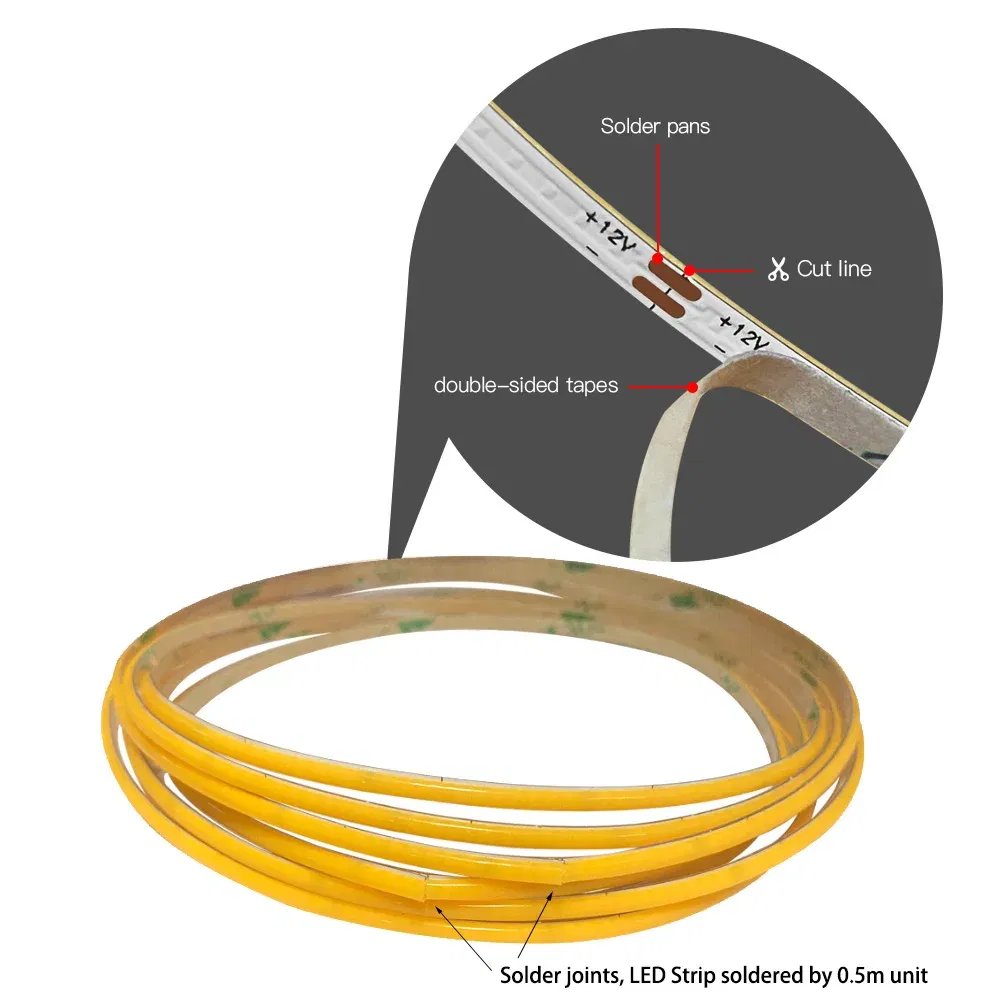 Emitting Color: Red, Color: Yellow, Length: 0.5m - 2.7mm Ultra Slim COB LED Strip Lights 480LEDs/m Flexible Linear Light Tape Diode Ribbon Backlight Red Amber Purple Car Dimmable