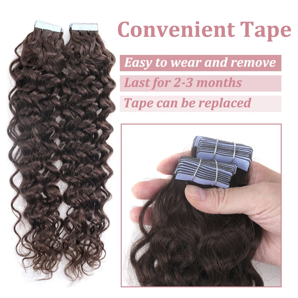 Color: P6/27, Length: 14 inches, Items per Package: 20 pcs - Water Wave Tape in Human Hair Extensions 2g/pcs Dark Brown Real Human Hair Adhesive Invisible Keratin Hair Extensions for Women