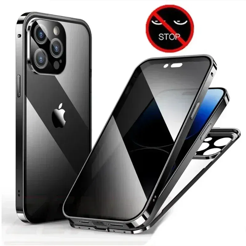 Color: Blue, Material: EVA - Double-Sided Privacy Magnetic Case For iPhone 16 12 13 14 15 11 Pro Max 14 Plus 16 Plus Anti Peeping Full Cover Metal Frame Case