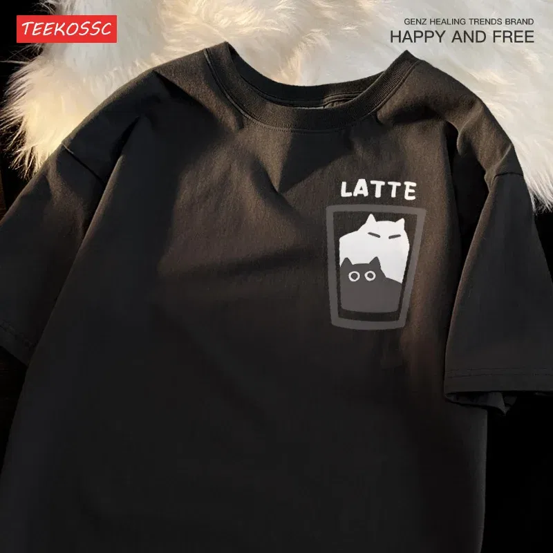 Color: Khaki, Size: S - Mocha Latte Couple Outfit Cat Coffee Couple Male T-Shirts Graphic Cool Tee Shirt High-Quality Oversized Tshirt Comfort Soft