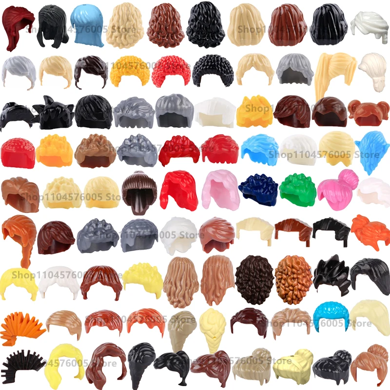 Color: Chrome Gold - MOC Brown Hair Building Blocks City Figures Body Creative Accessory Blond Gold White Parts DIY Hats Mini Bricks Assemble Toy S04