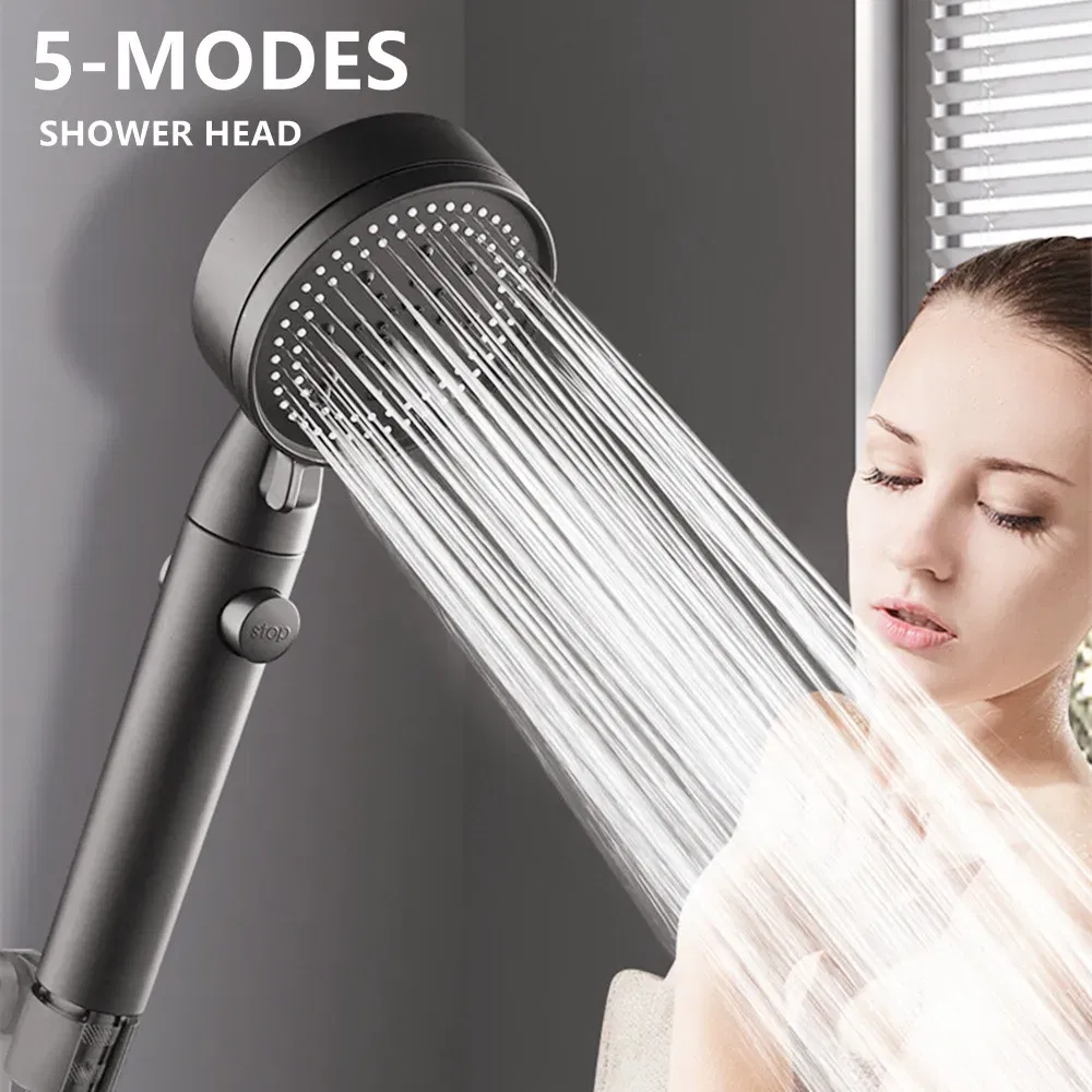 Color: Navy Blue - High Pressure Shower Head 5 Modes Adjustable Showerheads with Hose Water Saving One-Key Stop Spray Nozzle Bathroom Accessories