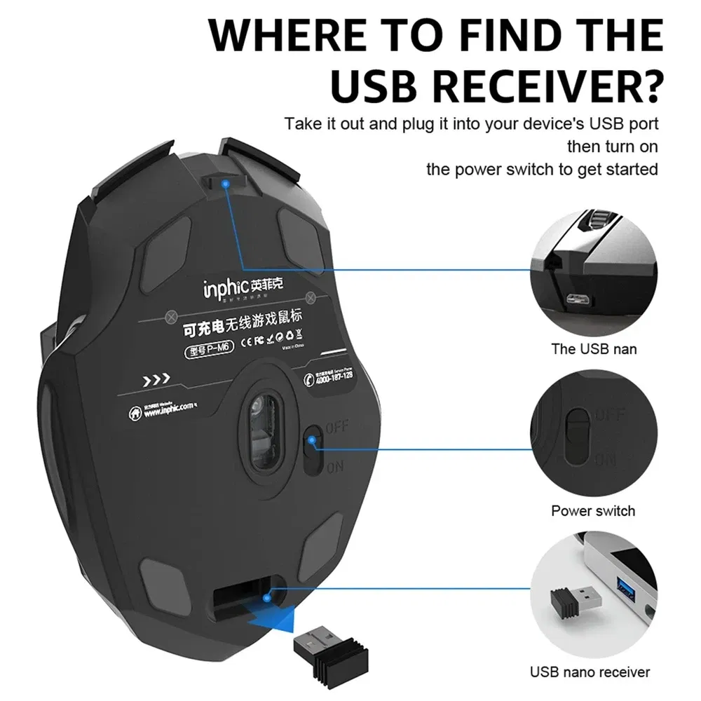 Color: DARKNESS - Bluetooth Compatible Mouse Rechargeable 2.4G INPHIC PM6 Wireless Mouse Office Mute Support PC Laptop Tablet Smartphone Universal