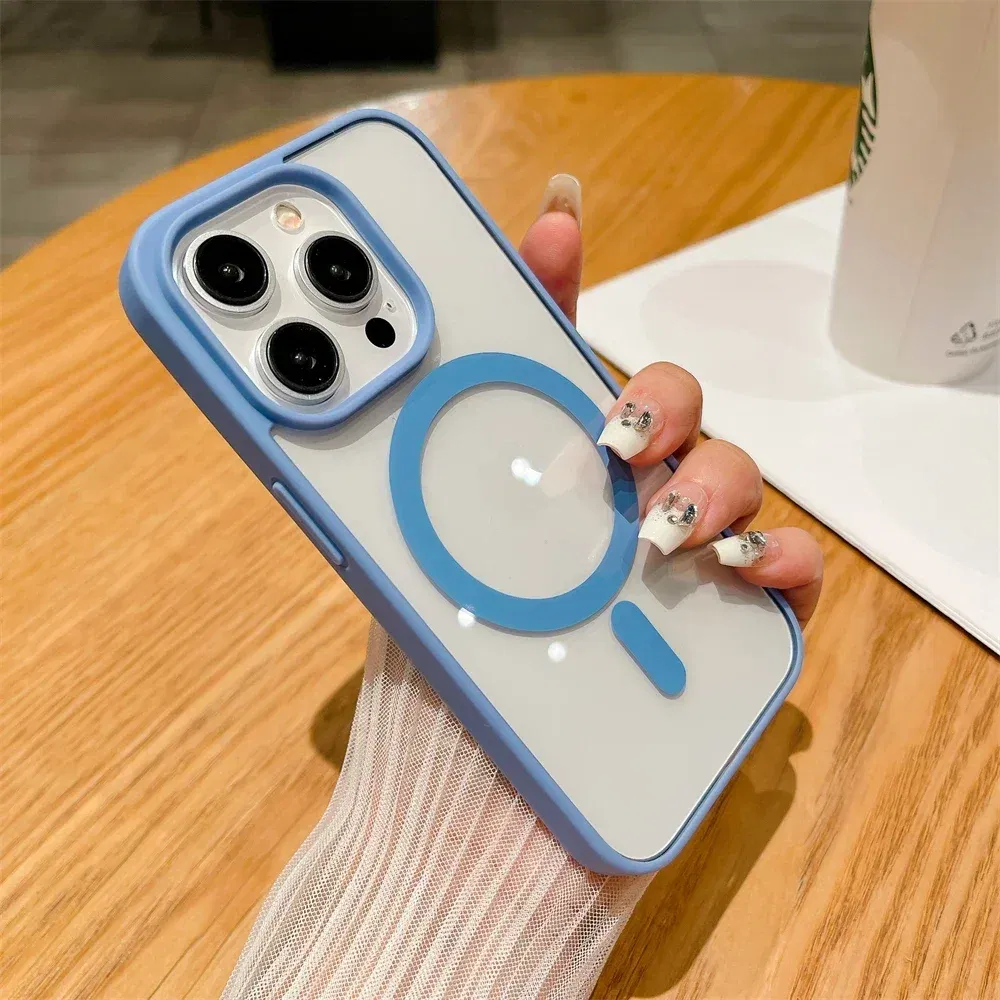 Color: LIGHT BLUE, Material: EVA - Luxury Shockproof Magsafe Wireless Charge Case for iPhone 17 Air 16 15 14 Plus 13 12 Mini 11 Pro Max Clear Magnetic Bumper Cover