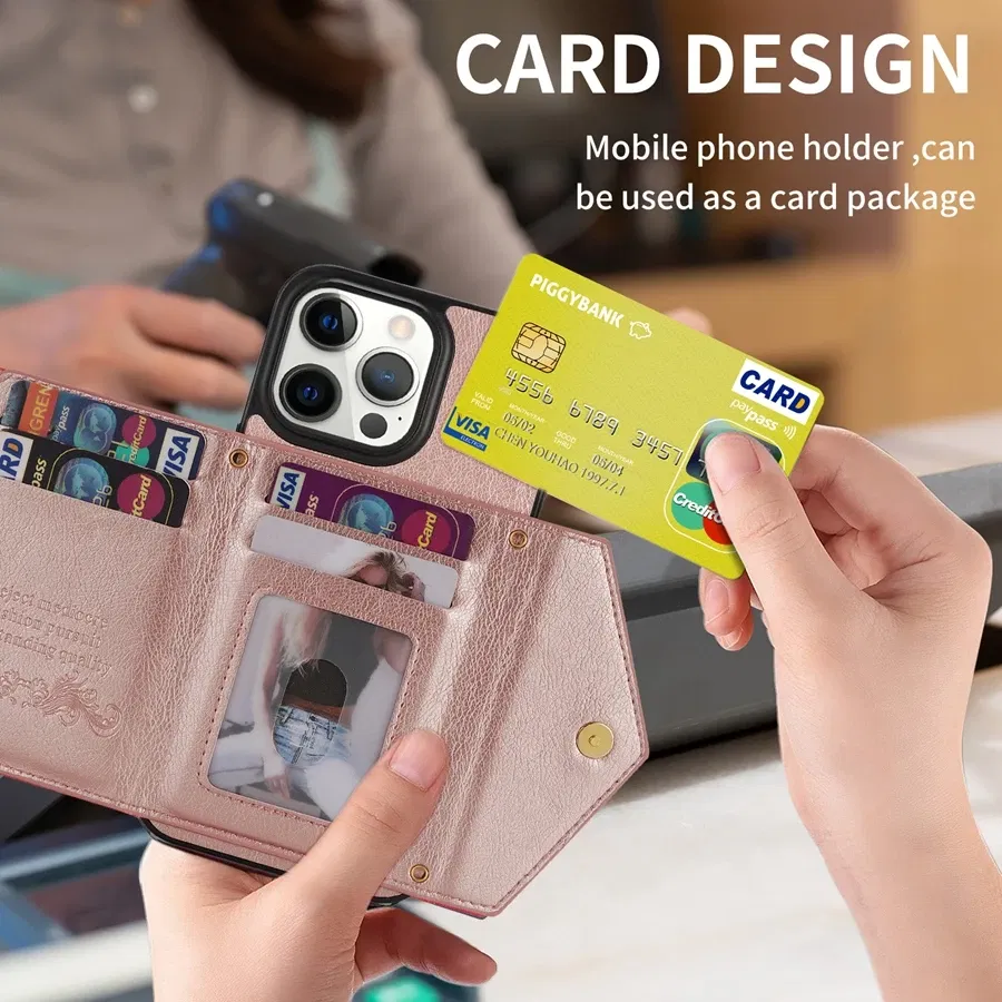 Color: Red, Material: POLYESTER - Wallet Side Card Zipper Flip Crossbody Leather Case For iPhone 15 14 Pro Max 13 Mini 12 11 SE 2022 2020 X XS XR 8 7 6 6s Plus