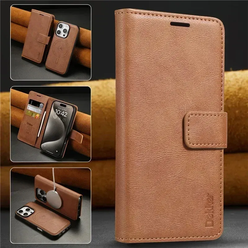 Color: Brown, Material: PP - 2 in 1 MagSafe Wallet Case for IPhone 16 Promax 15 Plus 14 Pro Max 13 12 Iphone16 Magnetic Wireless Charging Phone Cover