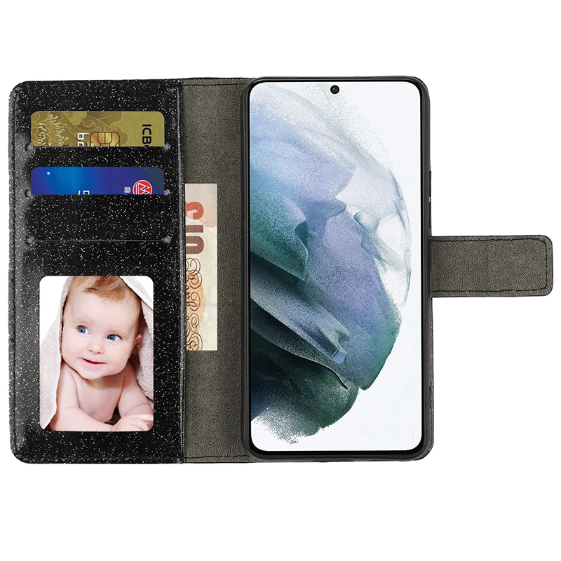 Color: Silver, Material: Artificial Leather - Glitter Diamond Wallet Leather Case For Samsung Galaxy A14 A15 A16 A35 A55 A34 A54 S25 Ultra S24 FE S23 S22 S21 S20 Plus