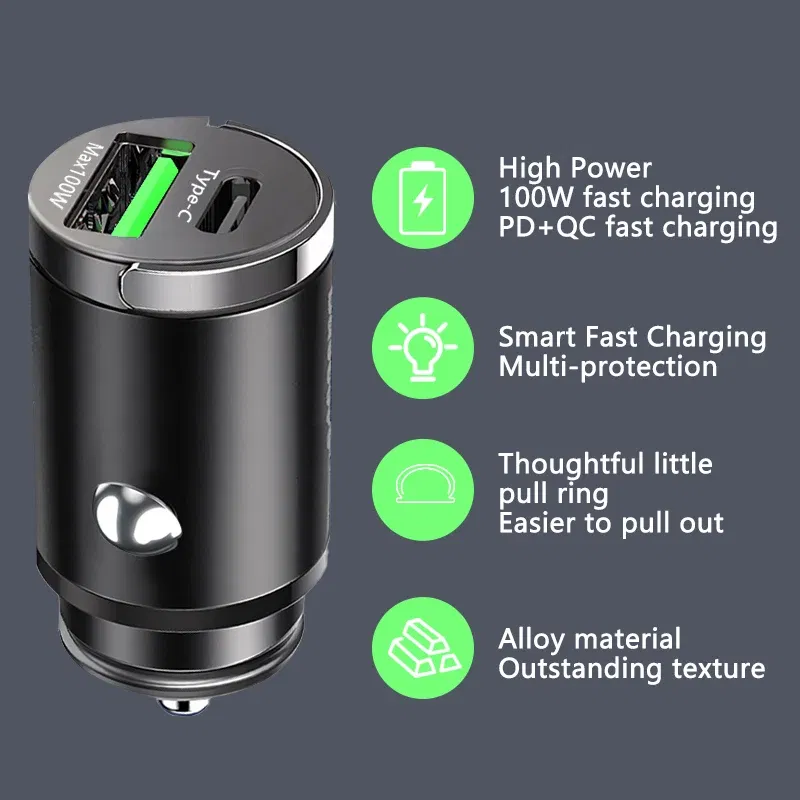 Plug Type: AU - 100W Mini Car Charger Lighter Fast Charging for iPhone QC3.0 Mini PD USB Type C Car Phone Charger for Xiaomi Samsung Huawei