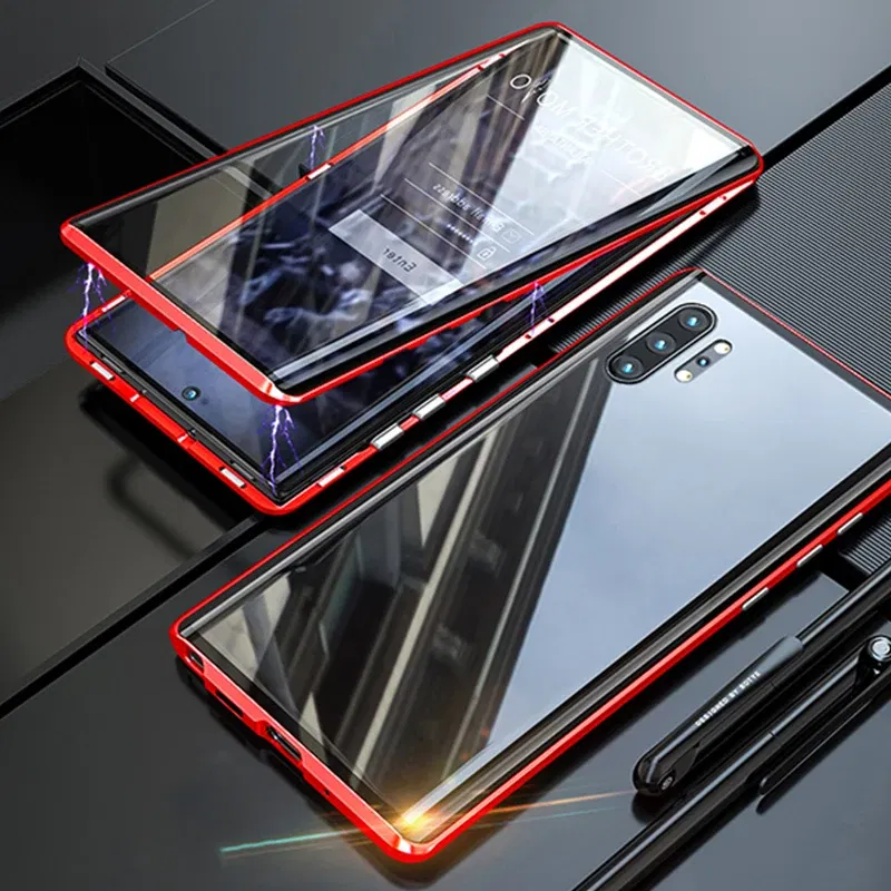 Color: Red, Material: EVA - Full Wrap Metal Bezel Case For Samsung Galaxy S23 S22 Ultra S21 S20 FE S24 Note 10 20 Lite Plus Double-Sided Glass Back Cover