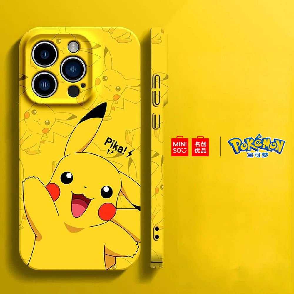 Color: Gold, Material: Vinyl - Miniso Pokemon Collaboration Pikachu Gengar Phone Case For iPhone 15 14 13 11 12 16 Pro Max Plus X XR Girl Silicone Phone Case