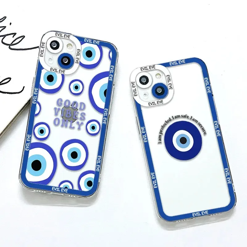 Color: black, Material: PU - Blue Evil Eye Phone Case For Samsung Galaxy S10 S20 S21 S22 S23 S24 FE Plus Ultra Note 20 Transparent TPU Case