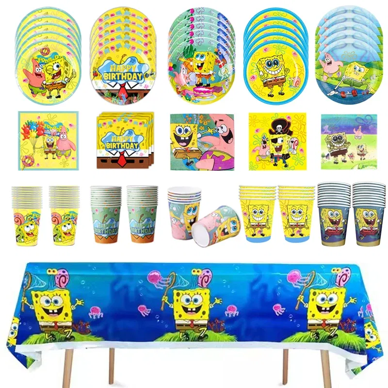 Color: Blue - SpongeBob Party Decorations Disposable Tableware Cup Baby Shower Birthday Theme Plate Tablecloth Kids Birthday Party