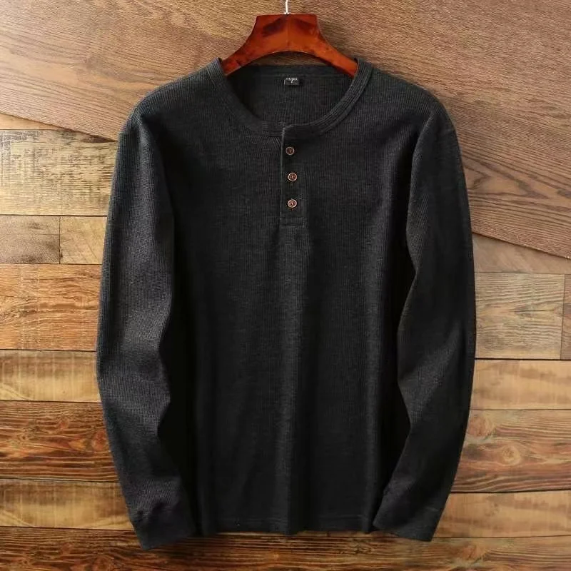 Color: GRAY, Size: M, Ships From: CHINA - Slim Fit Mens Basic Tee Casual Tshirts Henley Waffle Long Sleeve Shirts Thermal Solid Half Button Breathable 100% Cotton Shirts