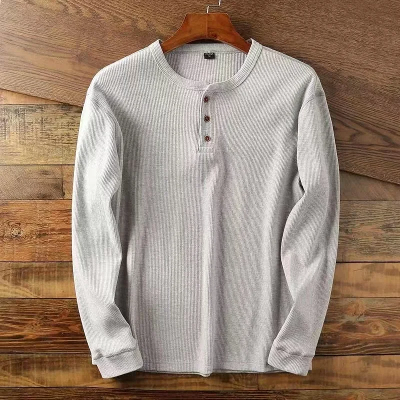 Color: GRAY, Size: M, Ships From: CHINA - Slim Fit Mens Basic Tee Casual Tshirts Henley Waffle Long Sleeve Shirts Thermal Solid Half Button Breathable 100% Cotton Shirts