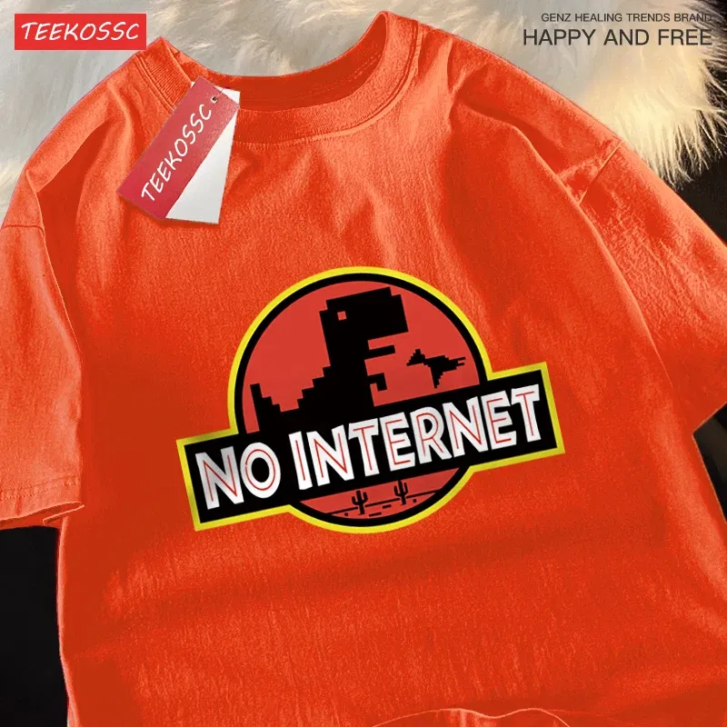 Color: Pink, Size: M - No Internet Fun Little Dinosaur Short Sleeve Mens Cartoons Cotton Tshirt Summer High Quality Clothing Fashion Oversize T-Shirts