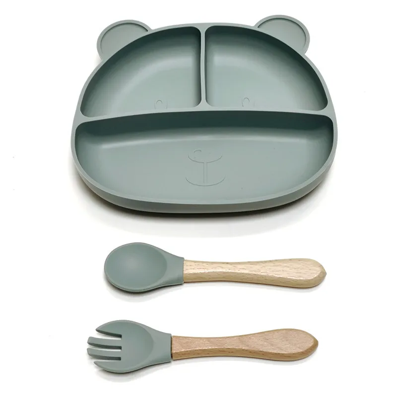 Color: green - Gel dinner plate children eating tableware adsorption on the desktop fruit plate silicone supplement plate