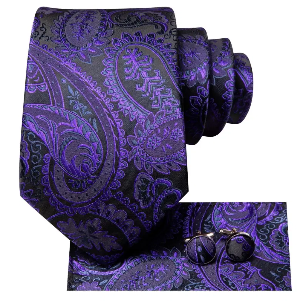 Color: GRAY - Hi-Tie Purple Paisley Silk Elegent Tie for Men Novelty Design Handky cufflink Tie Set Party Business Wedding Dropshipping