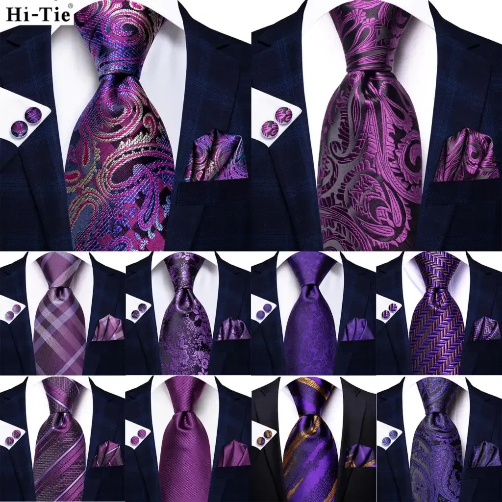 Color: GRAY - Hi-Tie Purple Paisley Silk Elegent Tie for Men Novelty Design Handky cufflink Tie Set Party Business Wedding Dropshipping
