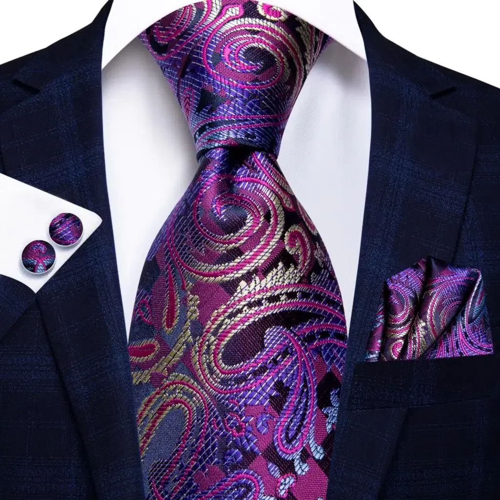 Color: GRAY - Hi-Tie Purple Paisley Silk Elegent Tie for Men Novelty Design Handky cufflink Tie Set Party Business Wedding Dropshipping