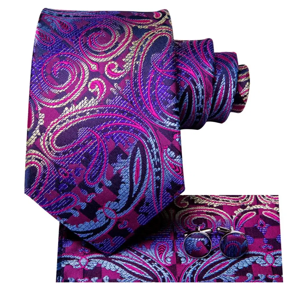 Color: GRAY - Hi-Tie Purple Paisley Silk Elegent Tie for Men Novelty Design Handky cufflink Tie Set Party Business Wedding Dropshipping