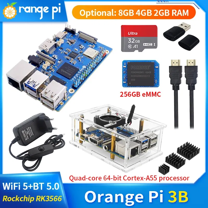 Bundle: Bundle 2, Color: Black - Orange Pi 3B 8GB 4GB 2GB RAM Rockchip RK3566 WiFi5+BT 5.0 Gigabit LAN Port Single Board Run Android Linux OpenHarmony OS Mini PC