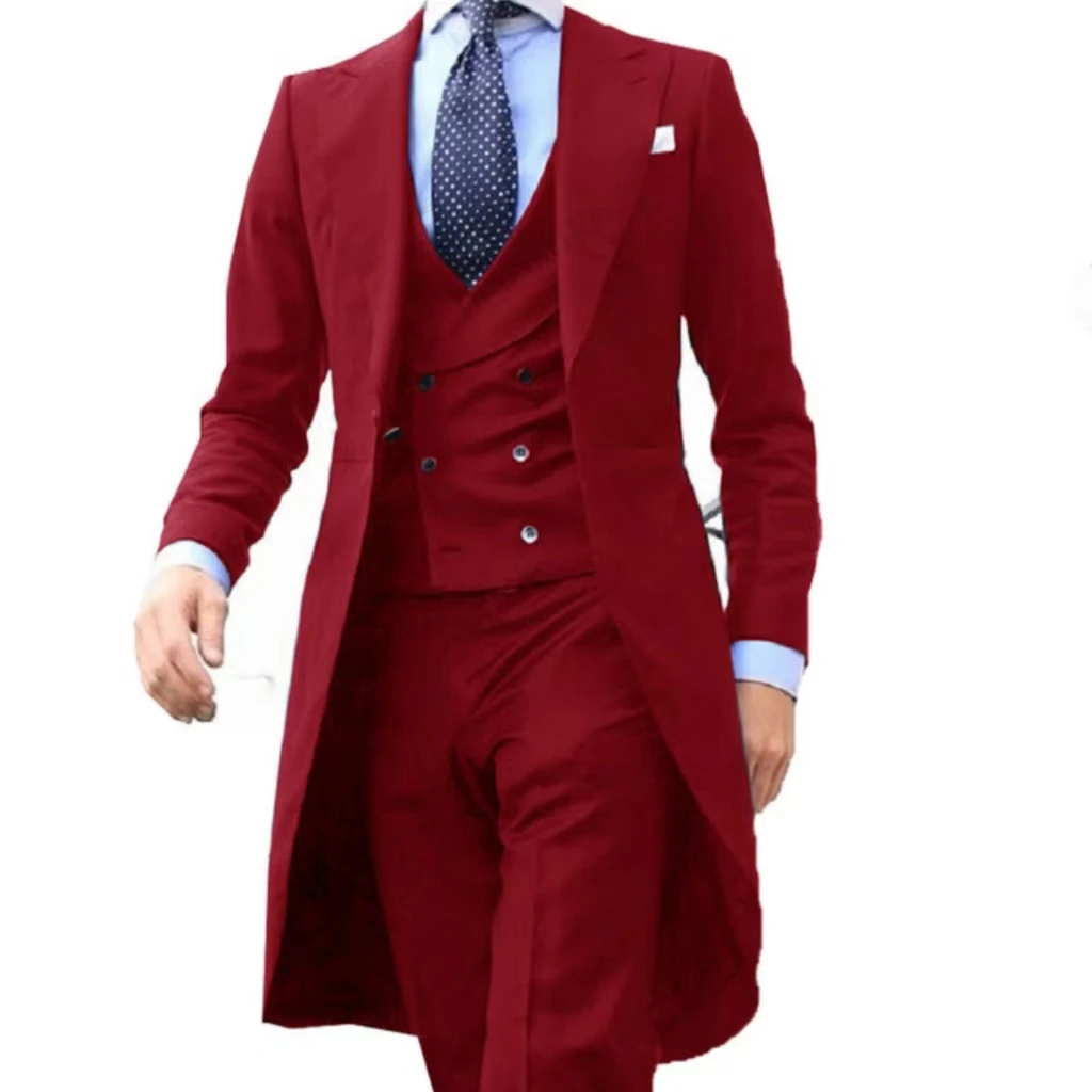 Color: PURPLE, Size: XS - Elegant man suit Slim Fit Suit Luxury Formal Tuxedos Wedding 3 Pieces Blazer Vest Pants Set Long Tail Coat One Button Custom
