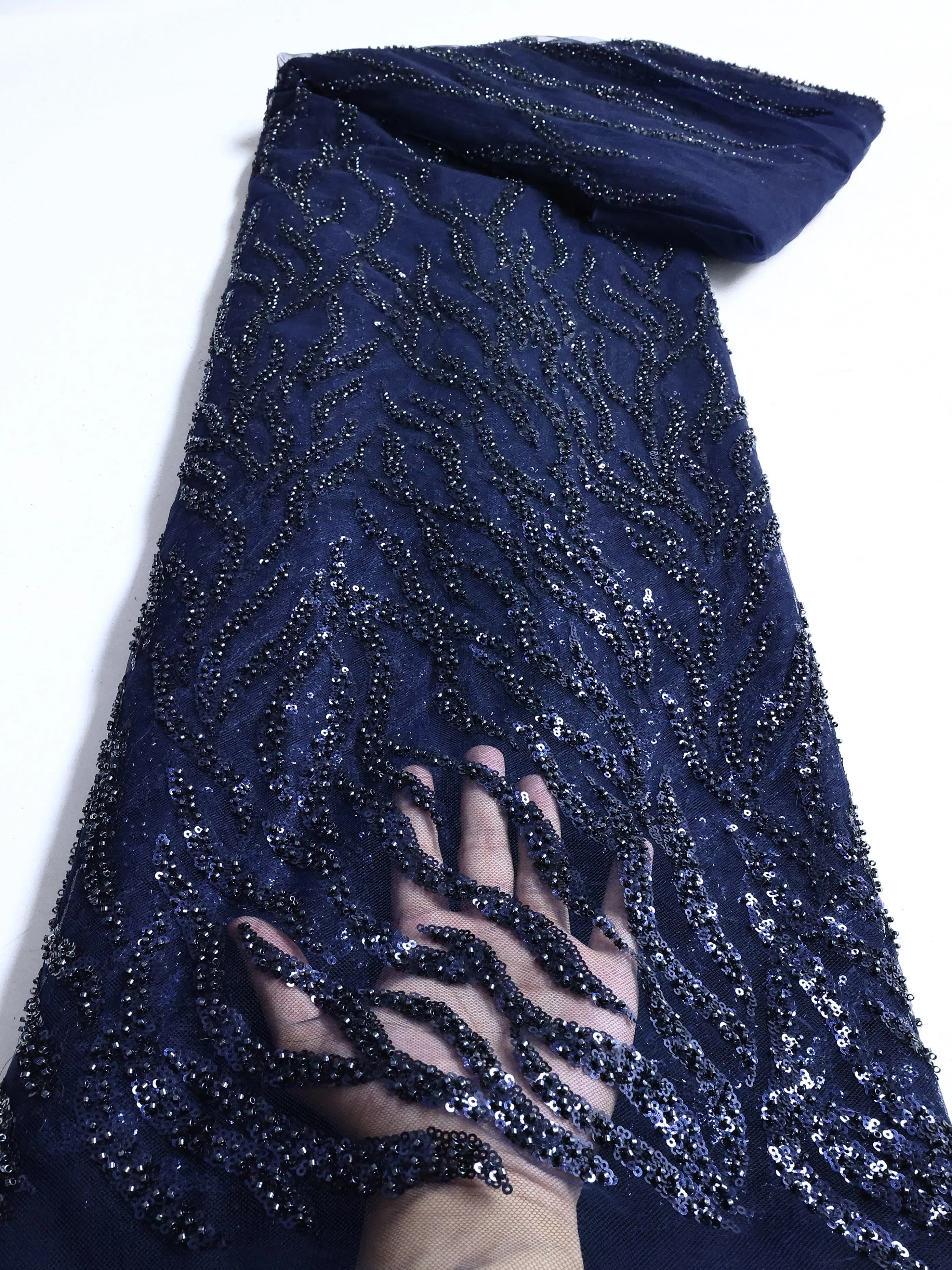 Color: Blue, length: 5 yards, Width: 120cm - PGC White Beaded Tulle African Lace Fabric Sewing 2024 Swiss Mesh Sequins High Quality Lace Fabrics for Luxury Wedding