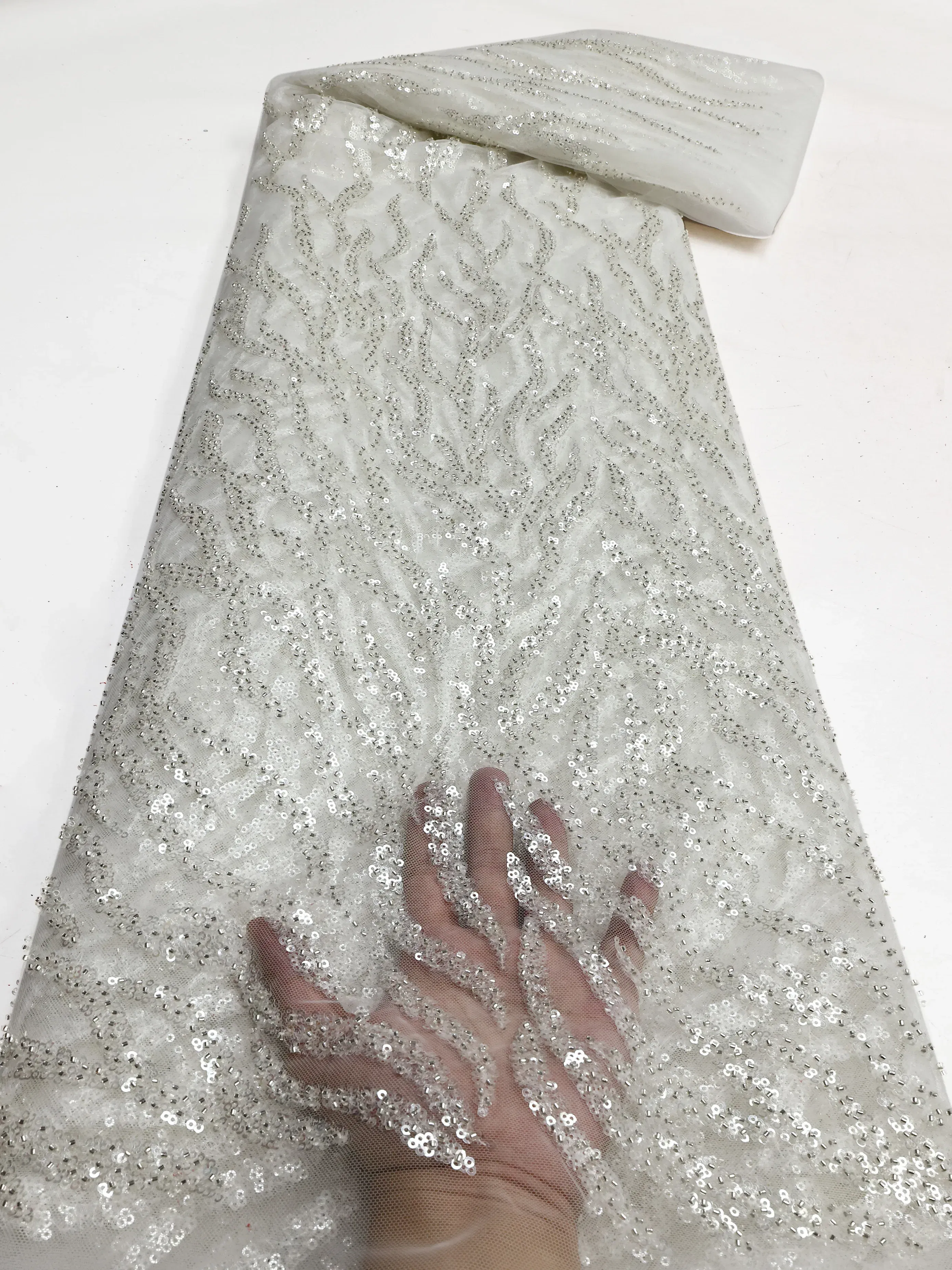 Color: Blue, length: 5 yards, Width: 120cm - PGC White Beaded Tulle African Lace Fabric Sewing 2024 Swiss Mesh Sequins High Quality Lace Fabrics for Luxury Wedding